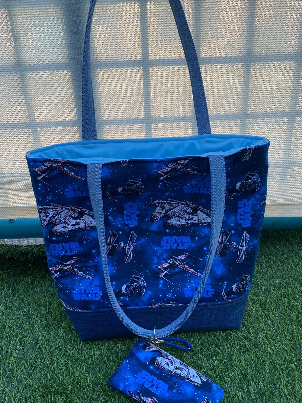 Handmade Navy and Light Blue Starship Print Tote with Coin Pouch